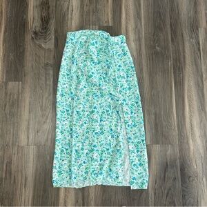 Blue & green floral slit midi skirt